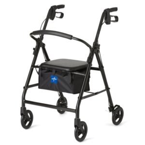 Lightweight 4-wheel rollator walker with padded seat and storage basket available for rent in Toronto and GTA