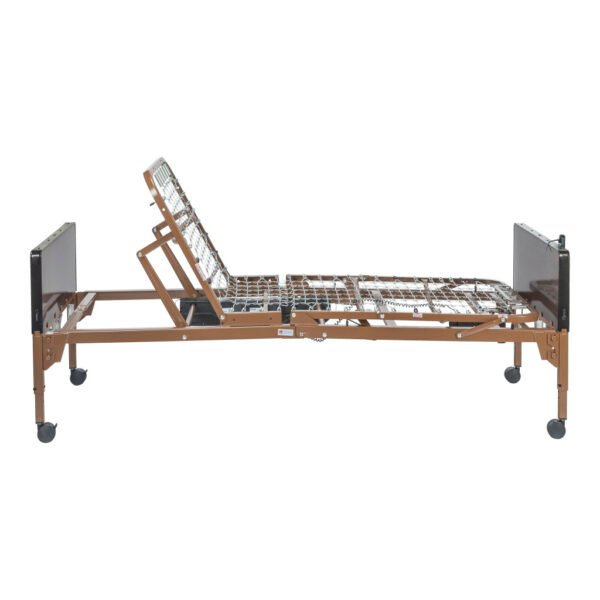 Full electric hospital bed with motorized height and head adjustment. Drive Delta Ultra-Light 1000 full-electric bed in adjusted position