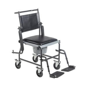 upholstered drop arm wheeled commode by motion care mobility
