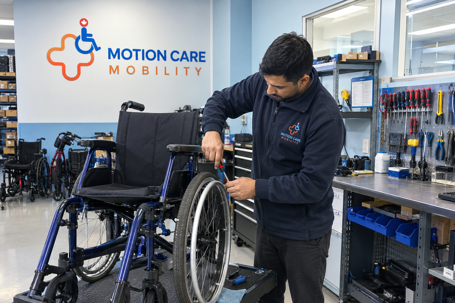 A-technician-at-motion-care-mobility-inc.-repairing-wheelchair-in-dedicated-repair-fascilility-in-vaughan