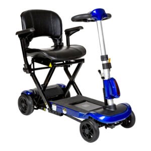 Drive-ZooMe-Auto-Flex-folding-travel-scooter-in-blue-unfolded-and-ready-to-ride
