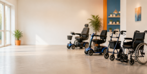 Motion Care Mobility showroom in Concord, Vaughan with mobility aids and equipment like power wheelchairs, mobility scooters and rollator walkers.